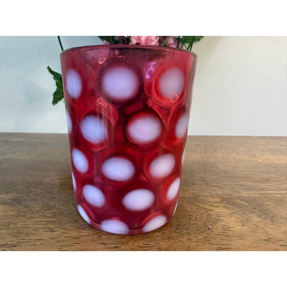 Vintage Ruby Red Art Glass Small Vase Tumbler White Polka Dot Coin Spot MCM